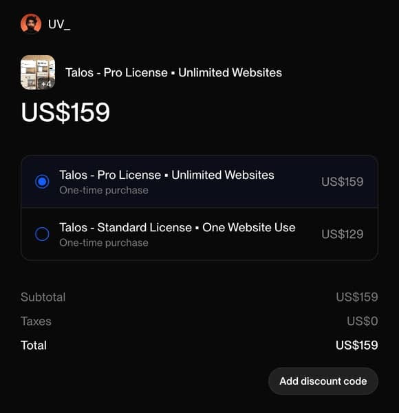 The Polar checkout for Talos, offering the Standard licence for one website and the Pro licence for unlimited websites