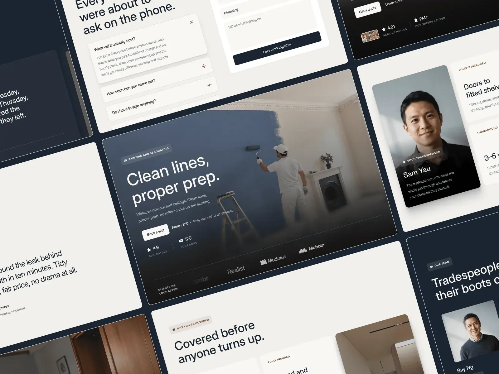 Bramley pages in a tilted collage: the hero, the team and a service page